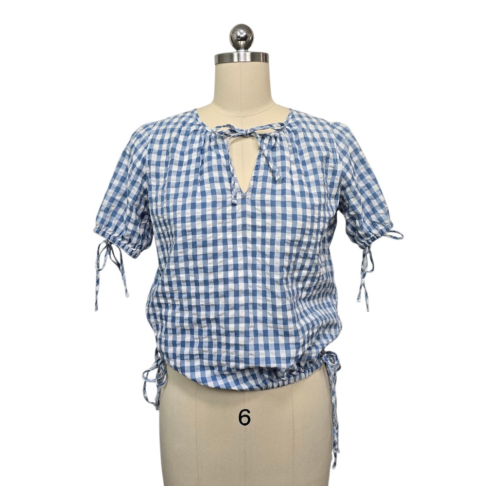 Madewell Blue White Gingham Tie Keyhole Short Sleeve Peasant Blouse XS